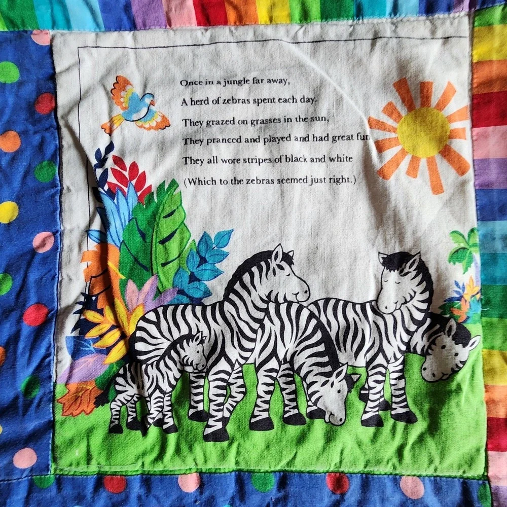 Vintage Cranston Rainbow Zebra Sew and Go Quilted Baby Blanket Wall Hanging Cute